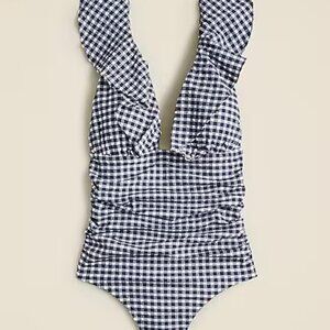 J. Crew Navy and White Checkered One Piece Swimsuit